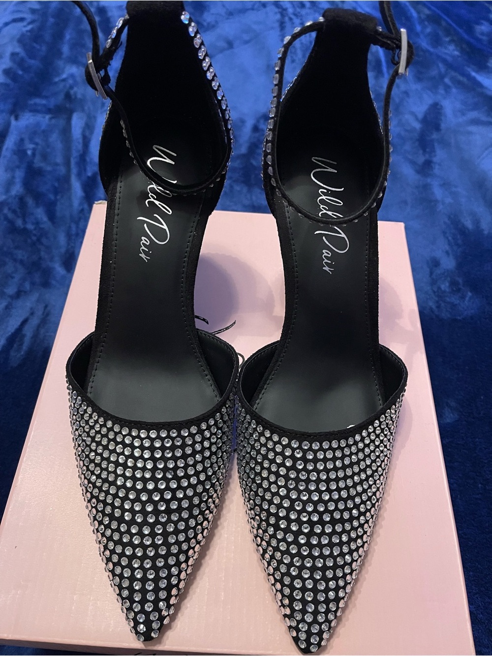 Wild Pair Black Crystal Pointed-Toe Ankle Strap Heels